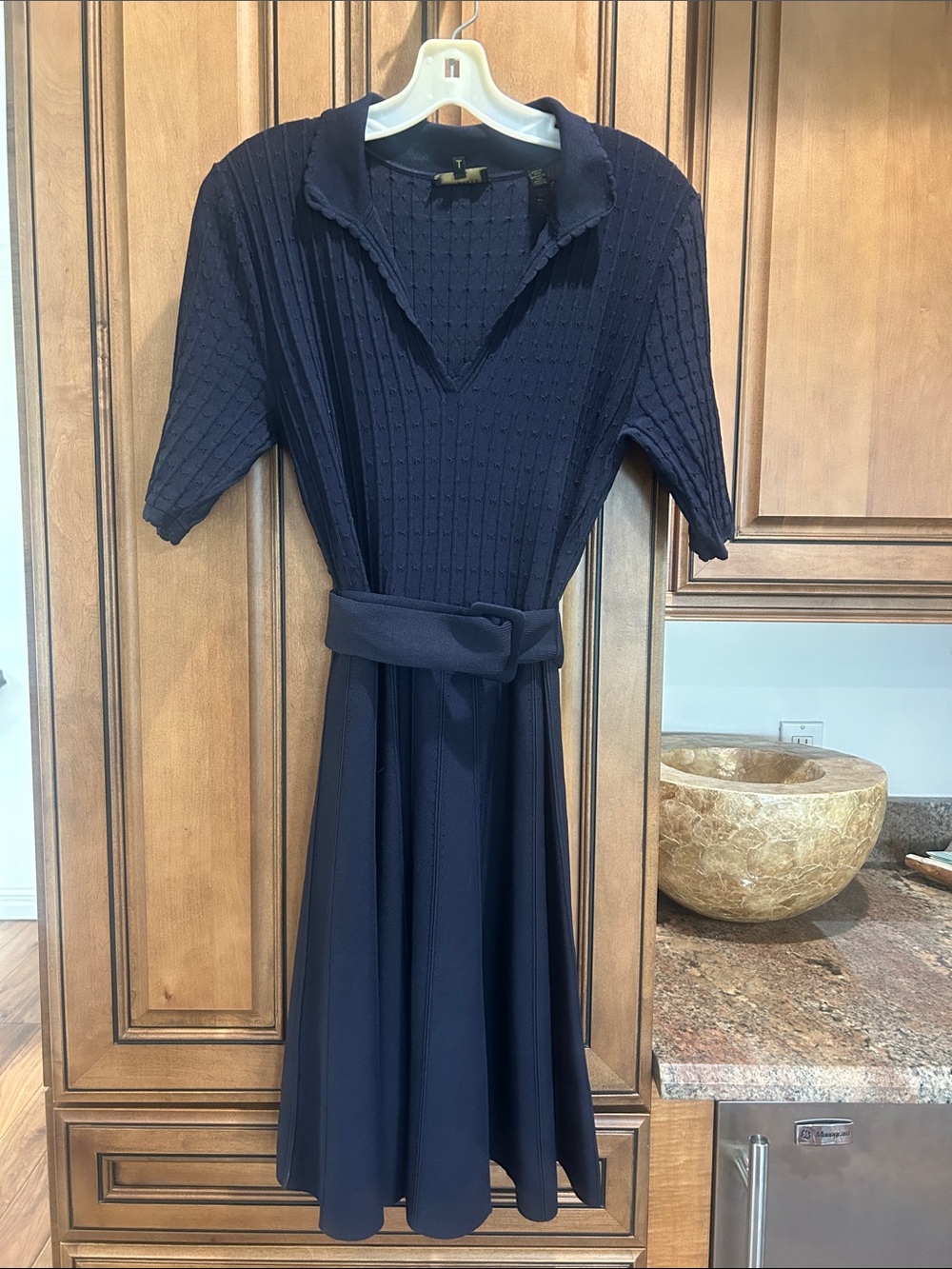 Ted Baker Navy Textured Knit Midi Dress with Self Belt